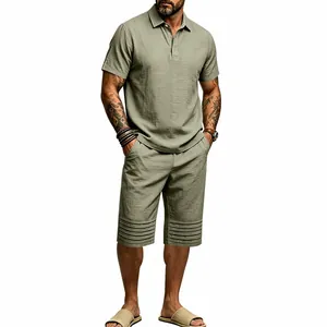 Full-length view of men's olive green cotton linen polo shirt and shorts vacation set