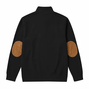 Back view of men's black ribbed sweatshirt with decorative brown elbow patches.