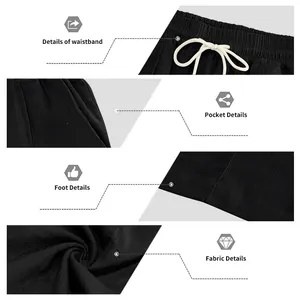Detailed views of men's black cotton linen trousers showing waistband, pockets, and fabric