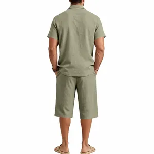 Back view of a men's olive green cotton linen short sleeve shirt and shorts set
