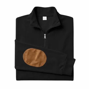 Men's black ribbed half-zip sweatshirt with stylish brown elbow patches detail view.