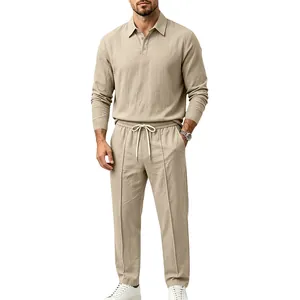 Detailed full-body shot of men's beige cotton linen set with long sleeve polo shirt.