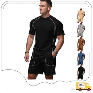 Men Sportswear Quick Dry Top And Bottom Running Fitness Training Suit Contrast Stitching Raglan Short Sleeve T-Shirt And Shorts Athletic Outfit