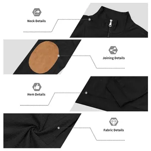 Detailed views of neck, elbow patch, hem and ribbed fabric of men's half-zip sweatshirt.