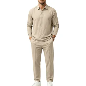 Full view of men's beige cotton linen long sleeve polo shirt and straight trousers set