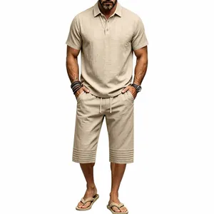 Full view of men's beige cotton-linen summer polo set with drawstring shorts and hem stripes