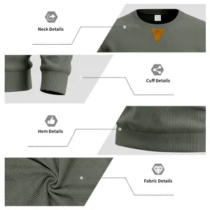 Detailfoto's van de olijfgroene ribfluwelen herensweater met nekpatch, manchetten en zoom