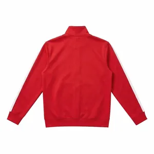 Detailed back view of a red men's sports jacket featuring white contrast sleeve stripes