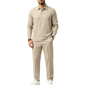Detailed view of men's beige cotton linen casual two-piece suit with lapel long sleeve