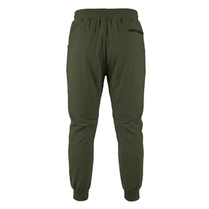 Detailed rear view of men's olive green joggers featuring elastic waist and zip pocket