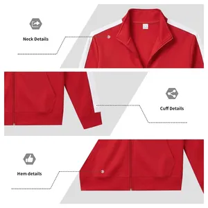 Detail views of red full-zip sport jacket neck, cuff, and hem with white side stripes.