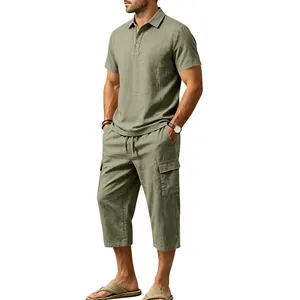 Professional full body view of men's olive green cotton linen polo and shorts set