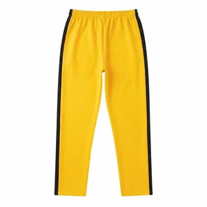 Men's yellow straight-leg sweatpants with black side stripes and elastic waist