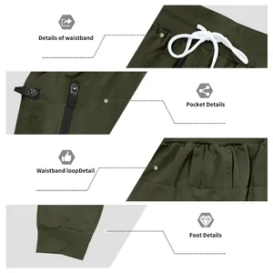 Close-up of olive green joggers showing waistband, pocket, and ribbed cuff details