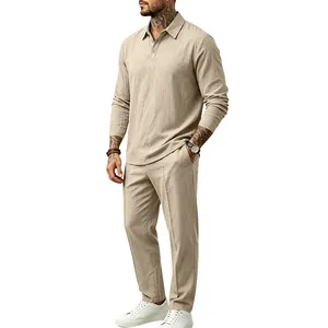 Full-body view of men's khaki cotton linen two-piece casual set with polo top and pants