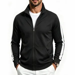 Men's black full-zip track jacket with white side stripes and stand collar design