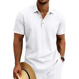 Detail of white linen polo shirt with breathable texture and classic wooden buttons