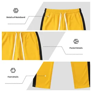 Detailed view of yellow sweatpants waistband, pockets, and leg openings