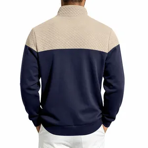 Back view detail of a men's heavy color-block sweatshirt with diamond quilted pattern