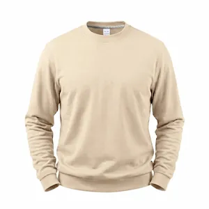 Macro view of crewneck and fabric texture on men's beige fleece pullover sweatshirt