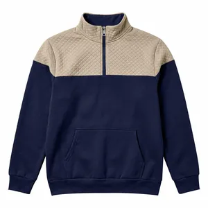 Close-up of men's quarter-zip sweatshirt showing khaki quilted texture and navy blue contrast