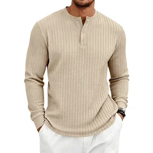 Men's vertical textured Henley long sleeve T-shirt in beige casual half-button style