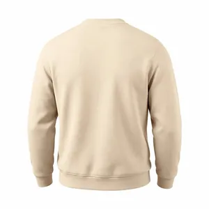 Back view of a minimalist beige men's long-sleeve sweatshirt with ribbed crew neck