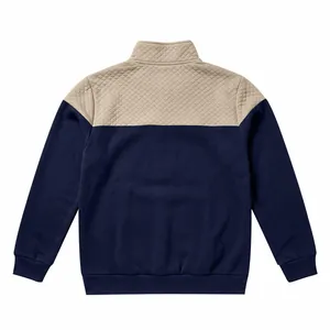 Back view detail of men's color block sweatshirt featuring quilted tan stand collar
