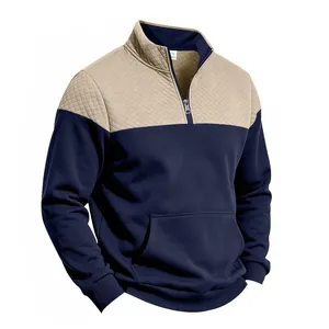 Detail view of men's heavy-weight color-block sweatshirt with quilted texture.