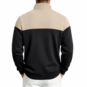 Detailed back view of heavy men's color-block stand collar sweatshirt with quilting.