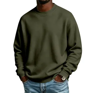 Men's olive green fleece crewneck sweatshirt basic loose fit warm long sleeve pullover