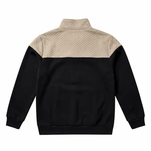 Back view of heavy men's quilted patchwork sweatshirt with stand collar and two-tone style