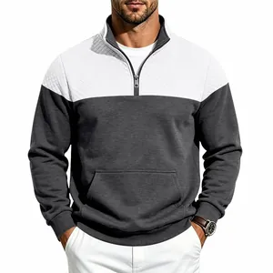 Stylish men's heavy quilted color block quarter-zip sweatshirt with a front kangaroo pocket