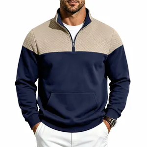 Men's heavyweight half-zip sweatshirt with quilted shoulders and color-block design