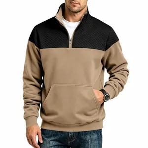 Men's heavy quilted color-block quarter-zip sweatshirt with a front kangaroo pocket