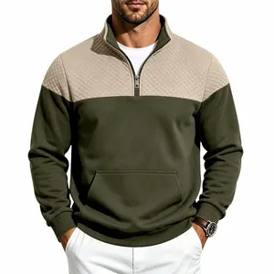 Men's heavy-weight quarter-zip sweatshirt with quilted patchwork in olive green and beige