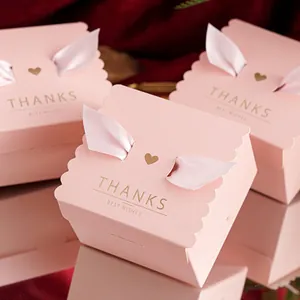 Minimalist Pink Square Wedding Candy Box Scalloped Edge White Cardboard Gift Box with Pink Ribbon Bow Bronzing Thanks Lettering Party Favor Packaging Box