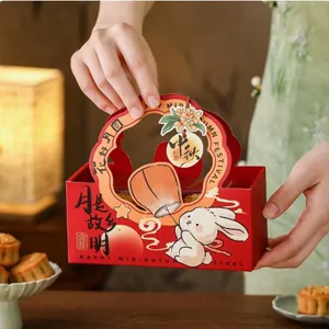 Detailed view of a red Mid-Autumn Festival mooncake gift box with rabbit motifs