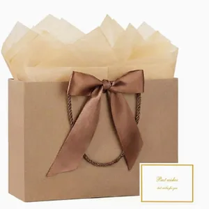 Elegant brown paper gift bag with large bronze satin bow and include greeting card