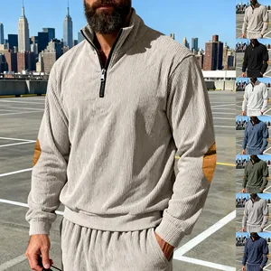 Heren Corduroy Sweatshirt met Opstaande Kraag en Halve Rits Lange Mouw Casual Woon-werkverkeer Effen Kleur Top met Elleboogstukken