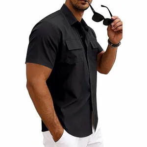 Detailed side view of black short-sleeved cargo shirt with two functional chest pockets