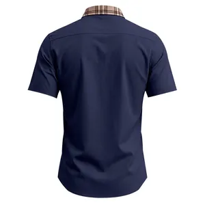 Back view detail of navy blue men's short sleeve shirt with a stylish plaid collar.