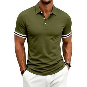 Detailed view of olive green men's polo shirt with contrast double-striped cuffs