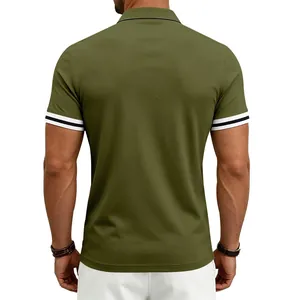 Back view of a men's olive green polo shirt featuring striped contrast sleeve cuffs