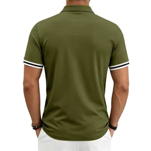 Back view of olive green men's polo shirt with double striped contrast cuffs and breathable fabric