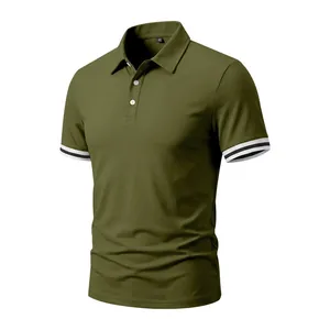 Close-up detail view of olive green men's polo shirt with white double striped cuffs.