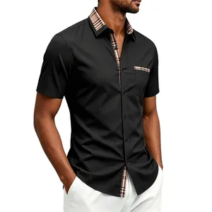 Side view detail of a black men's short-sleeve shirt featuring a distinctive plaid collar
