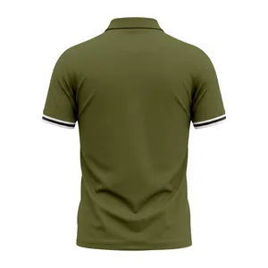 Back view detail of men's olive green polo shirt featuring striped cuffs and breathable fabric