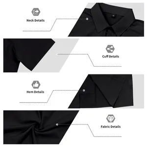 Close-up details of quick-dry men's shirt collar, cuffs, hem and premium fabric texture.