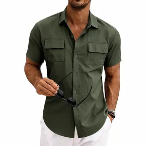 Men's olive green short sleeve cargo shirt with dual chest pockets and lapel collar